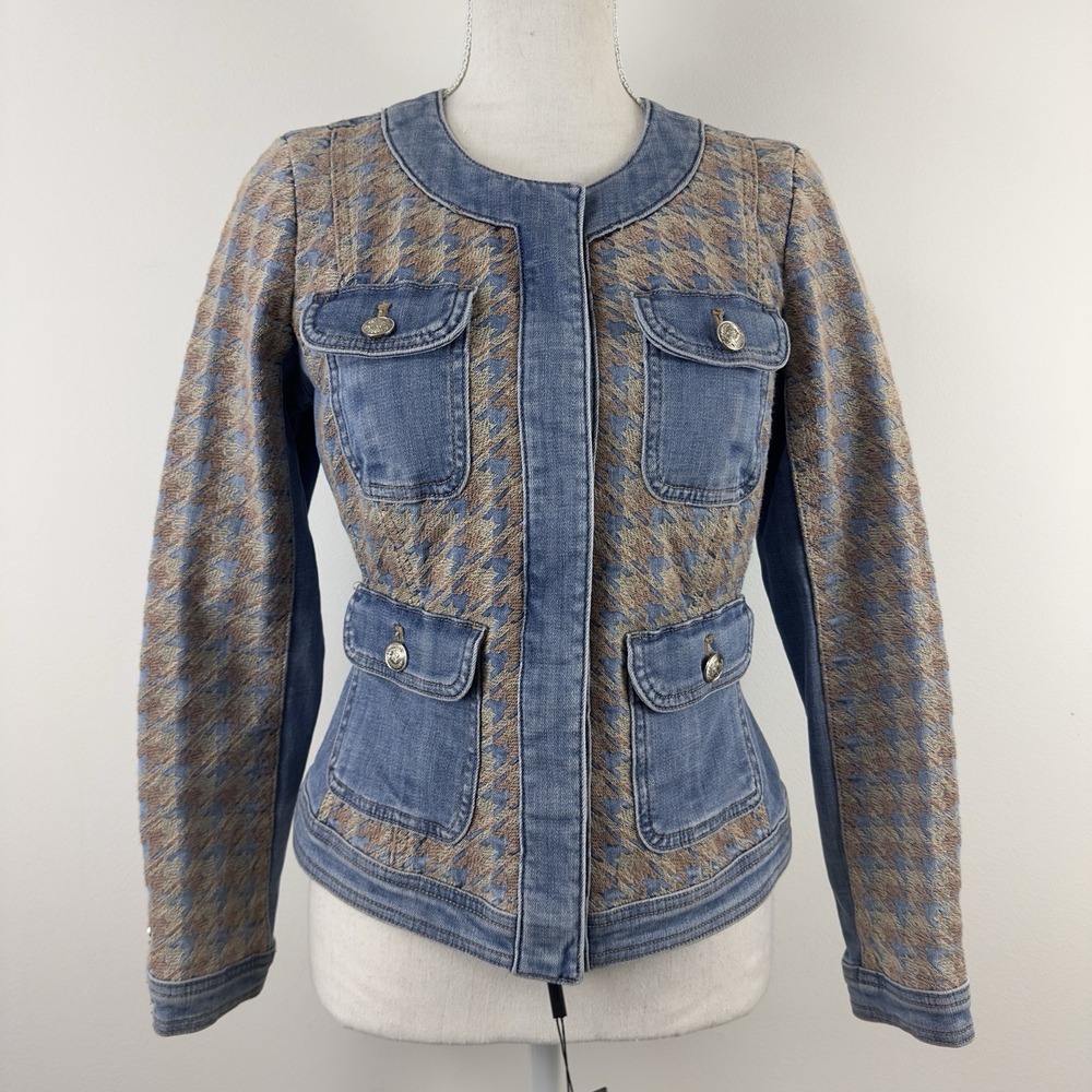 White House Black Market Women's Denim Tweed Embroidered Jacket Size 2‎ NWT